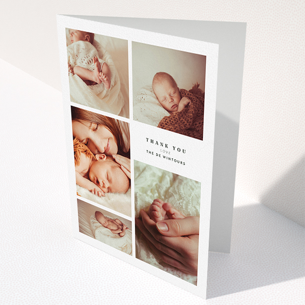 A baby thank you card template titled "5-Frame Portrait". It is an A5 card in a portrait orientation. It is a photographic baby thank you card with room for 5 photos. "5-Frame Portrait" is available as a folded card, with mainly white colouring.