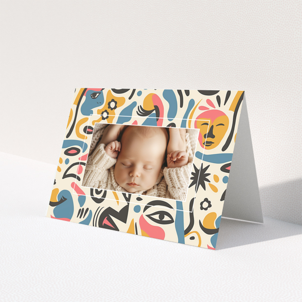 Baby thank you card with colourful abstract border and one photo