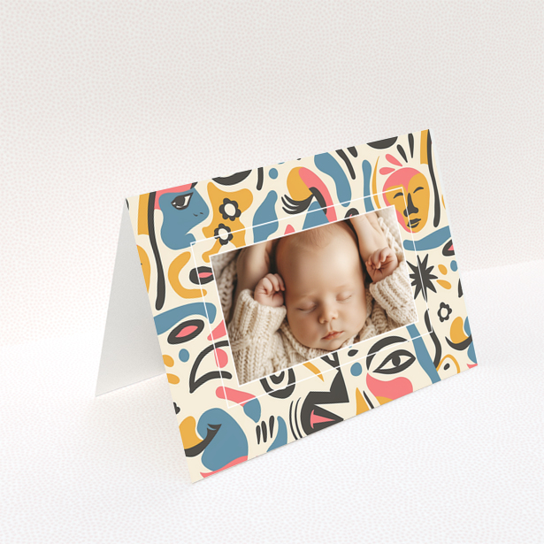 Baby thank you card with colourful abstract border and one photo