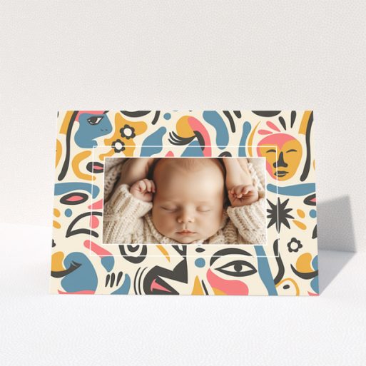 Baby thank you card with colourful abstract border and one photo