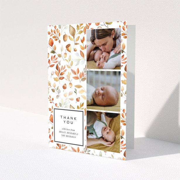 Baby thank you card with three photos and autumn leaf design