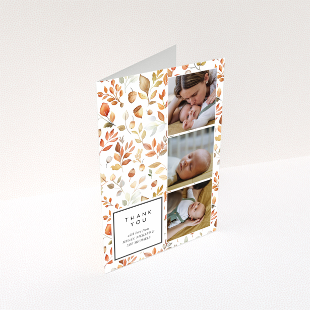 Baby thank you card with three photos and autumn leaf design