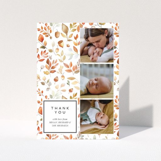 Baby thank you card with three photos and autumn leaf design