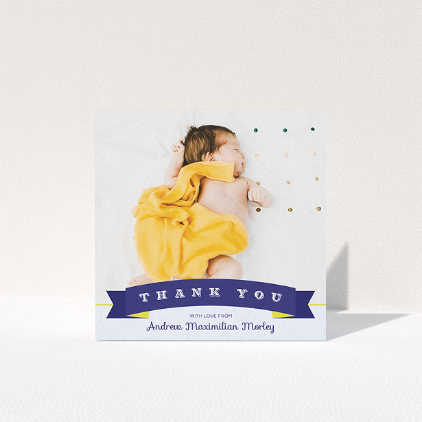 A baby thank you card design titled "Big Banner". It is a square (148mm x 148mm) card in a square orientation. It is a photographic baby thank you card with room for 1 photo. "Big Banner" is available as a folded card, with tones of navy blue and white.