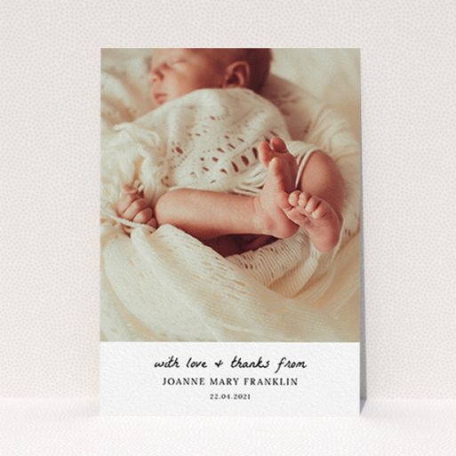 A baby thank you card design called "Black and White Thanks". It is an A6 card in a portrait orientation. It is a photographic baby thank you card with room for 1 photo. "Black and White Thanks" is available as a flat card, with mainly white colouring.