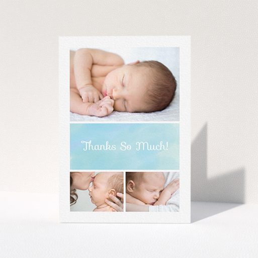 A baby thank you card template titled "Block Tower". It is an A6 card in a portrait orientation. It is a photographic baby thank you card with room for 3 photos. "Block Tower" is available as a folded card, with tones of blue and white.