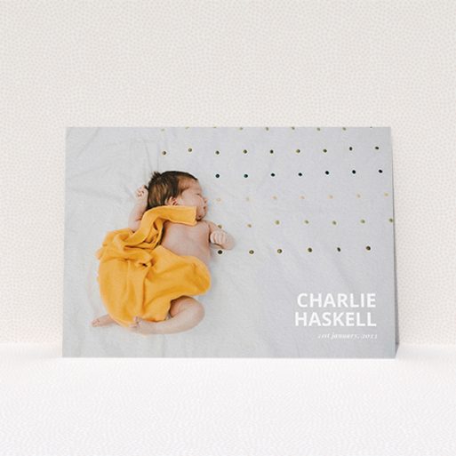 A baby thank you card called "Bold Photo Corner". It is an A6 card in a landscape orientation. It is a photographic baby thank you card with room for 1 photo. "Bold Photo Corner" is available as a flat card, with mainly white colouring.