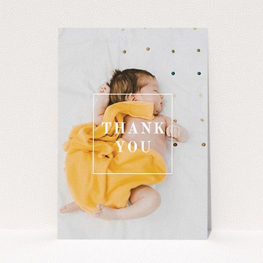 A baby thank you card design called "Central Thanks". It is an A6 card in a portrait orientation. It is a photographic baby thank you card with room for 1 photo. "Central Thanks" is available as a flat card, with mainly white colouring.