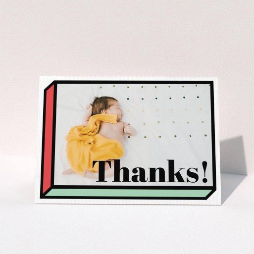 A baby thank you card design called "Chip Off The Old Block". It is an A6 card in a landscape orientation. It is a photographic baby thank you card with room for 1 photo. "Chip Off The Old Block" is available as a folded card, with tones of green and red.