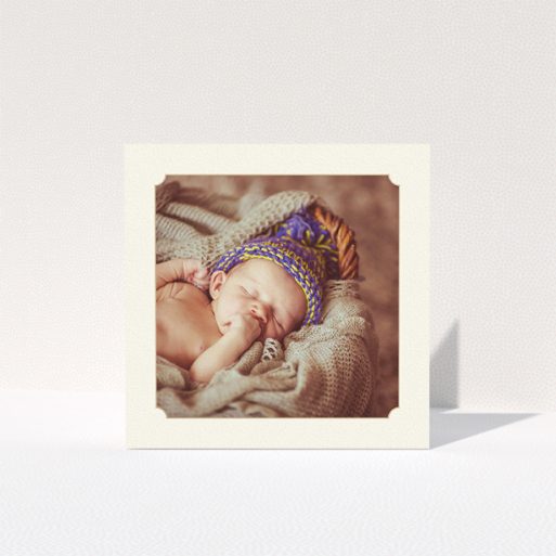 A baby thank you card template titled "Classic Frame". It is a square (148mm x 148mm) card in a square orientation. It is a photographic baby thank you card with room for 1 photo. "Classic Frame" is available as a folded card, with mainly cream colouring.