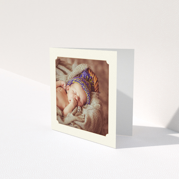 A baby thank you card template titled "Classic Frame". It is a square (148mm x 148mm) card in a square orientation. It is a photographic baby thank you card with room for 1 photo. "Classic Frame" is available as a folded card, with mainly cream colouring.