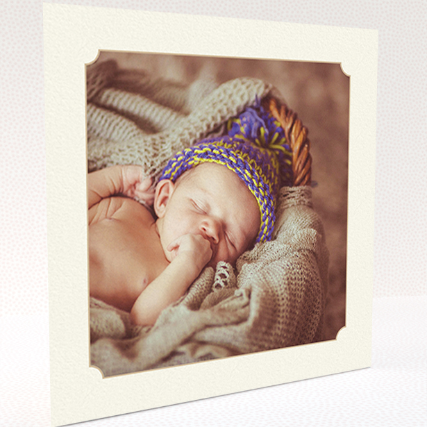 A baby thank you card template titled "Classic Frame". It is a square (148mm x 148mm) card in a square orientation. It is a photographic baby thank you card with room for 1 photo. "Classic Frame" is available as a folded card, with mainly cream colouring.