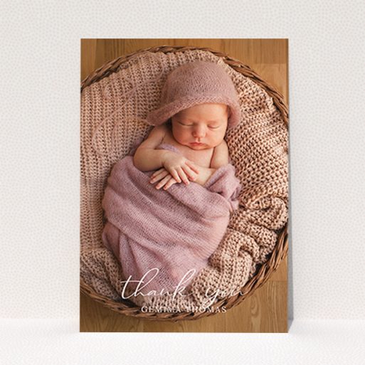 A baby thank you card design named "Classic Thank You". It is an A6 card in a portrait orientation. It is a photographic baby thank you card with room for 1 photo. "Classic Thank You" is available as a flat card, with mainly white colouring.