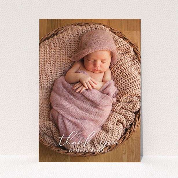A baby thank you card design named "Classic Thank You". It is an A6 card in a portrait orientation. It is a photographic baby thank you card with room for 1 photo. "Classic Thank You" is available as a flat card, with mainly white colouring.