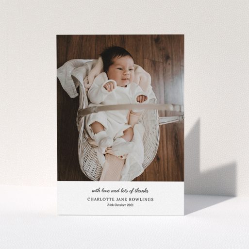 A baby thank you card template titled "Classic Wedding Thanks". It is an A5 card in a portrait orientation. It is a photographic baby thank you card with room for 1 photo. "Classic Wedding Thanks" is available as a folded card, with mainly white colouring.