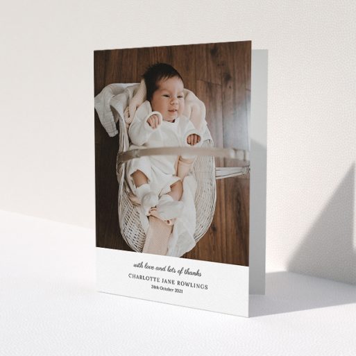 A baby thank you card template titled 'Classic Wedding Thanks'. It is an A5 card in a portrait orientation. It is a photographic baby thank you card with room for 1 photo. 'Classic Wedding Thanks' is available as a folded card, with mainly white colouring.