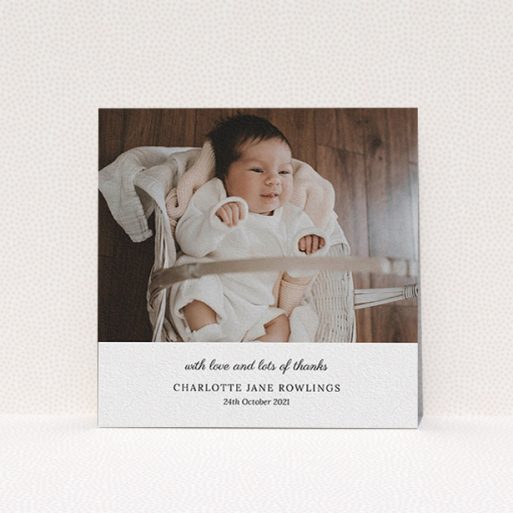 A baby thank you card design titled "Classic Wedding Thanks". It is a square (148mm x 148mm) card in a square orientation. It is a photographic baby thank you card with room for 1 photo. "Classic Wedding Thanks" is available as a flat card, with mainly white colouring.