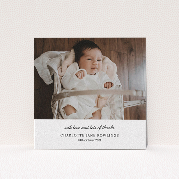 A baby thank you card design titled "Classic Wedding Thanks". It is a square (148mm x 148mm) card in a square orientation. It is a photographic baby thank you card with room for 1 photo. "Classic Wedding Thanks" is available as a flat card, with mainly white colouring.