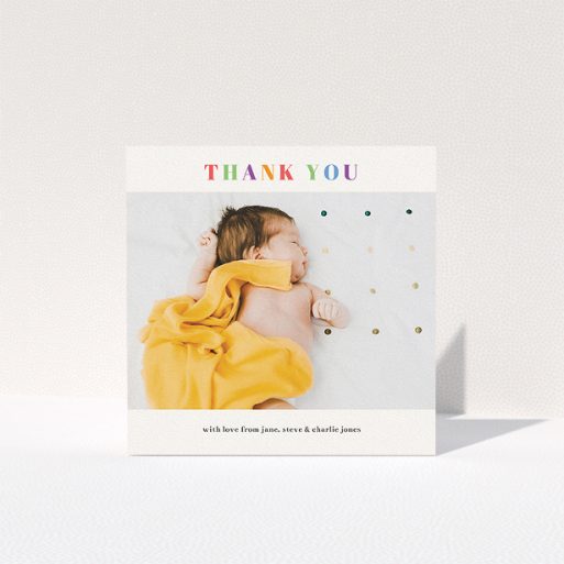 A baby thank you card design named "Colourful Thanks". It is a square (148mm x 148mm) card in a square orientation. It is a photographic baby thank you card with room for 1 photo. "Colourful Thanks" is available as a folded card, with tones of white and green.