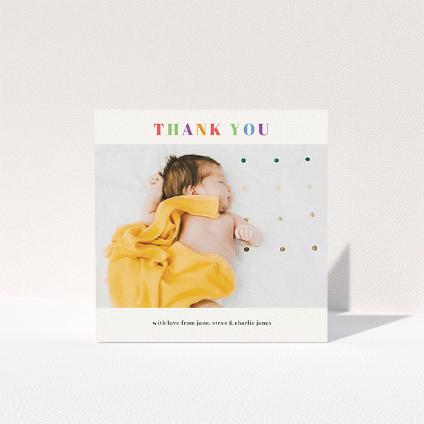 A baby thank you card design named "Colourful Thanks". It is a square (148mm x 148mm) card in a square orientation. It is a photographic baby thank you card with room for 1 photo. "Colourful Thanks" is available as a folded card, with tones of white and green.