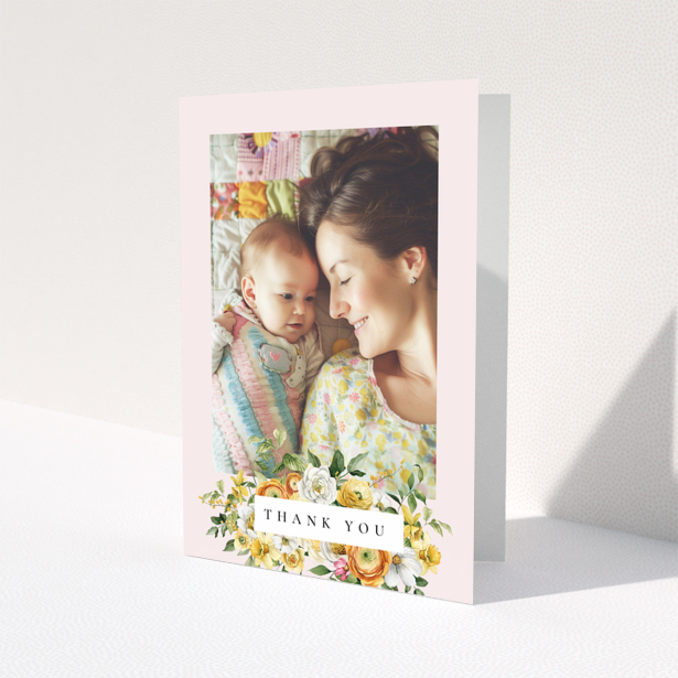 Baby thank you card design with floral border and one photo featuring mother and child