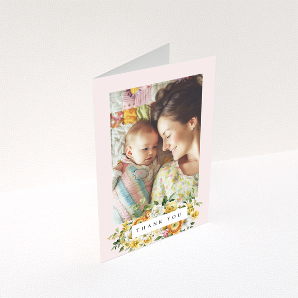 Baby thank you card design with floral border and one photo featuring mother and child