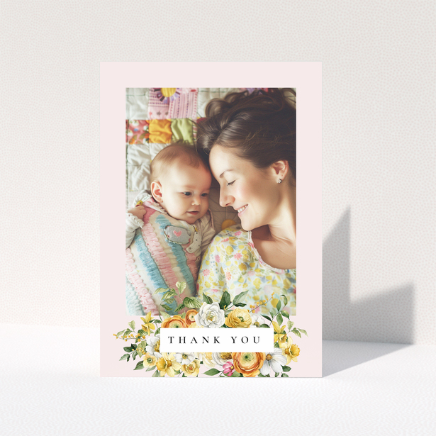 Baby thank you card design with floral border and one photo featuring mother and child