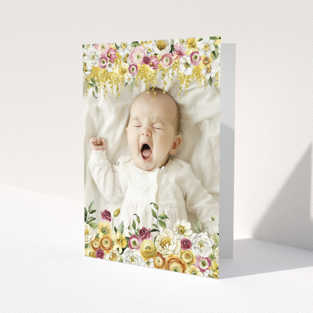 Baby thank you card design with one photo and floral decoration