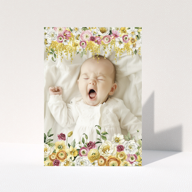 Baby thank you card design with one photo and floral decoration