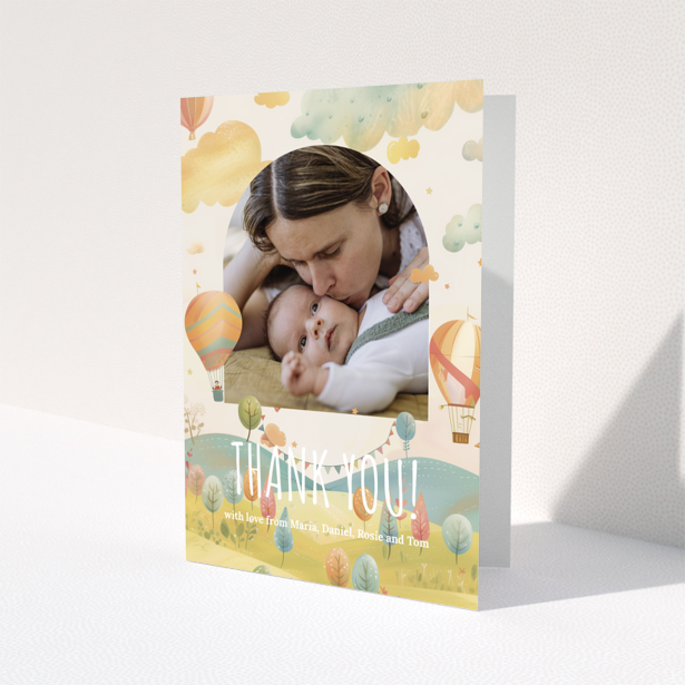 Baby thank you card with colourful hot air balloon design and one photo