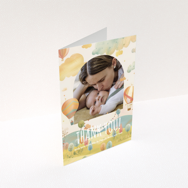 Baby thank you card with colourful hot air balloon design and one photo