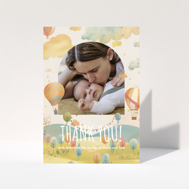 Baby thank you card with colourful hot air balloon design and one photo