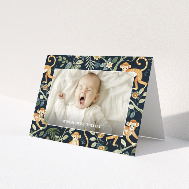 Baby thank you card with one photo and a playful monkey design.
