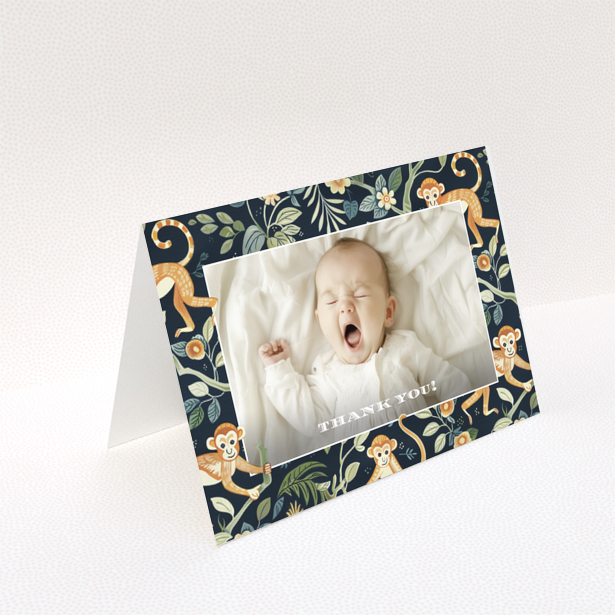Baby thank you card with one photo and a playful monkey design.