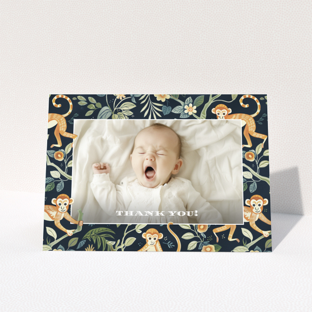 Baby thank you card with one photo and a playful monkey design.