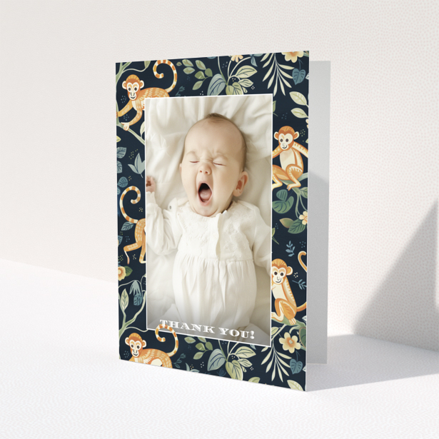 Baby thank you card with one photo and a playful monkey design.