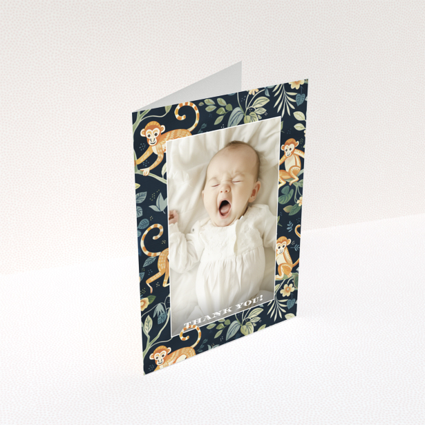 Baby thank you card with one photo and a playful monkey design.