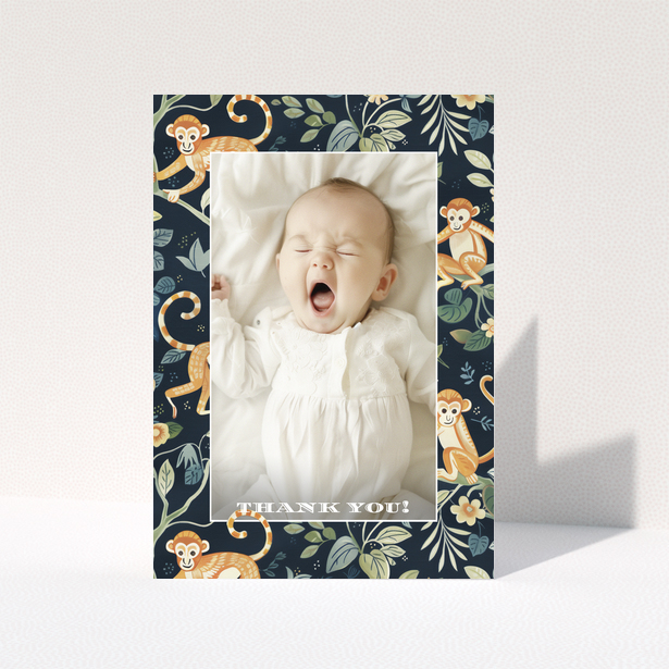 Baby thank you card with one photo and a playful monkey design.