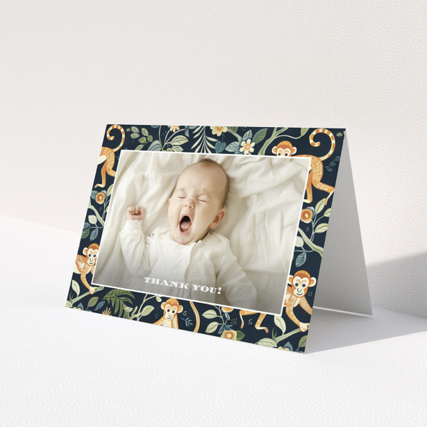 Baby thank you card with one photo and a playful monkey design.