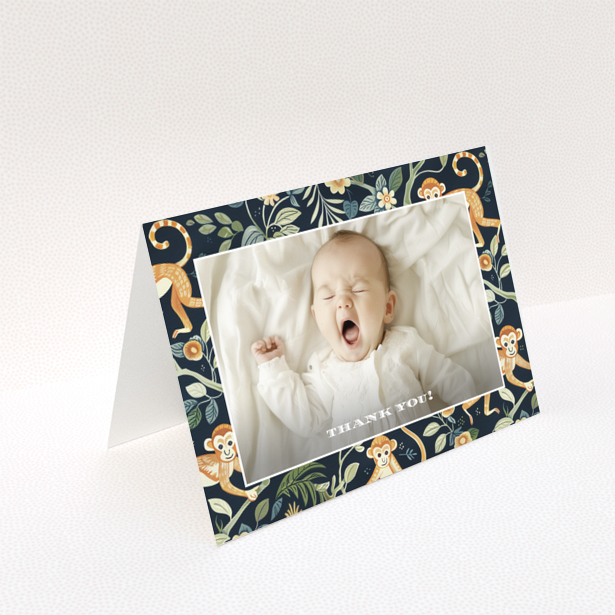 Baby thank you card with one photo and a playful monkey design.