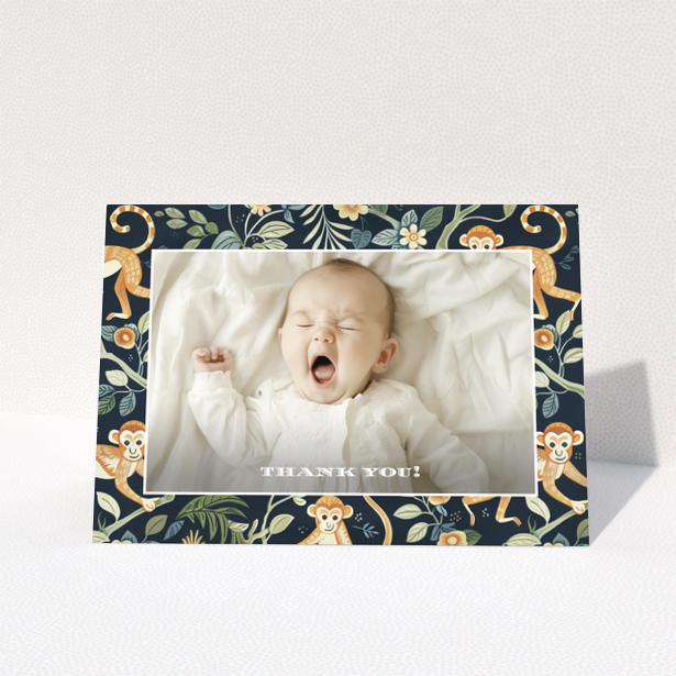 Baby thank you card with one photo and a playful monkey design.