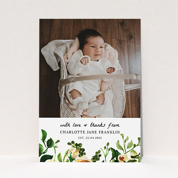 A baby thank you card design titled "Kew Gardens". It is an A6 card in a portrait orientation. It is a photographic baby thank you card with room for 1 photo. "Kew Gardens" is available as a flat card, with tones of green, pink and light orange.