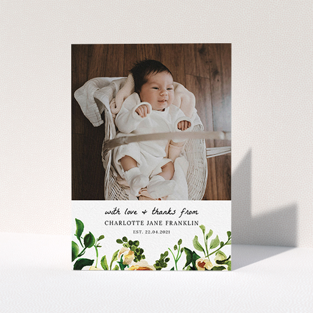 A baby thank you card design titled "Kew Gardens". It is an A6 card in a portrait orientation. It is a photographic baby thank you card with room for 1 photo. "Kew Gardens" is available as a folded card, with tones of green, pink and light orange.