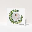 A baby thank you card design named "Lemon Wreath". It is a square (148mm x 148mm) card in a square orientation. It is a photographic baby thank you card with room for 1 photo. "Lemon Wreath" is available as a folded card, with tones of green and yellow.