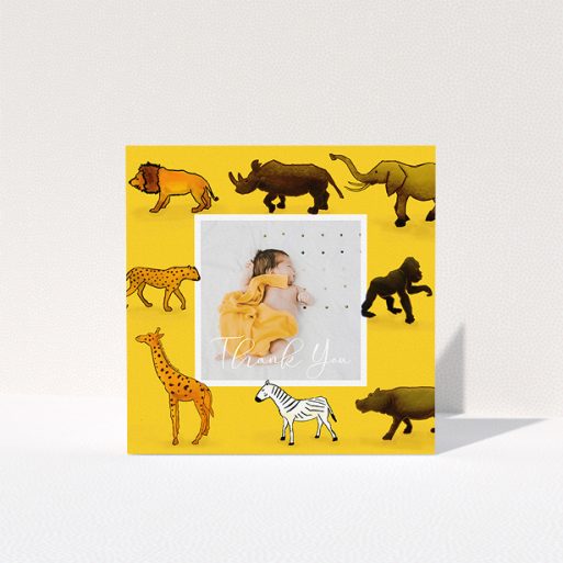 A baby thank you card design named "Little Safari". It is a square (148mm x 148mm) card in a square orientation. It is a photographic baby thank you card with room for 1 photo. "Little Safari" is available as a folded card, with tones of yellow, orange and brown.