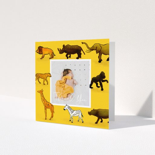 A baby thank you card design named 'Little Safari'. It is a square (148mm x 148mm) card in a square orientation. It is a photographic baby thank you card with room for 1 photo. 'Little Safari' is available as a folded card, with tones of yellow, orange and brown.