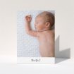 A baby thank you card design named "Mr & Mrs Footer". It is an A5 card in a portrait orientation. It is a photographic baby thank you card with room for 1 photo. "Mr & Mrs Footer" is available as a folded card, with mainly white colouring.