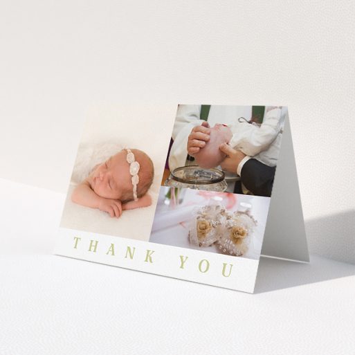 A baby thank you card design titled 'One and Two Half Frames'. It is an A5 card in a landscape orientation. It is a photographic baby thank you card with room for 3 photos. 'One and Two Half Frames' is available as a folded card, with tones of white and gold.