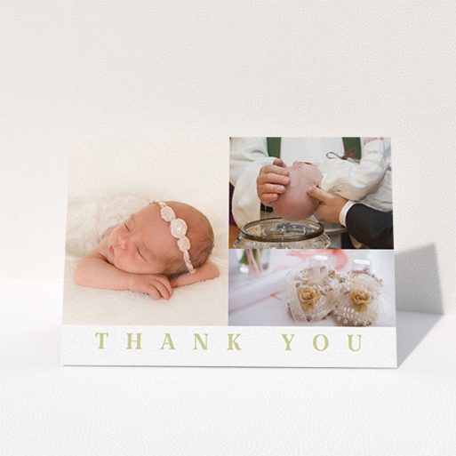 A baby thank you card design named "One and Two Half Frames". It is an A6 card in a landscape orientation. It is a photographic baby thank you card with room for 3 photos. "One and Two Half Frames" is available as a folded card, with tones of white and gold.
