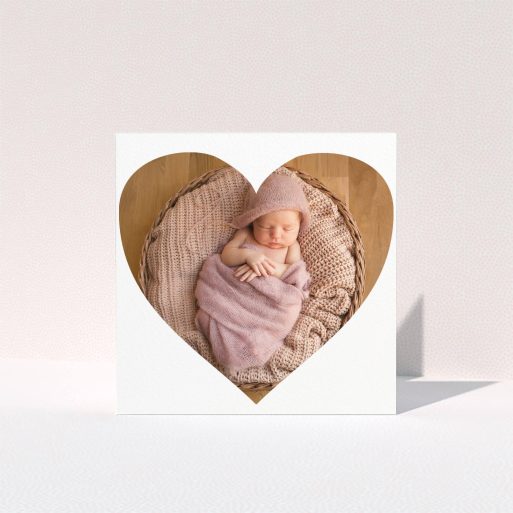 A baby thank you card called "One Big Heart". It is a square (148mm x 148mm) card in a square orientation. It is a photographic baby thank you card with room for 1 photo. "One Big Heart" is available as a folded card, with mainly white colouring.